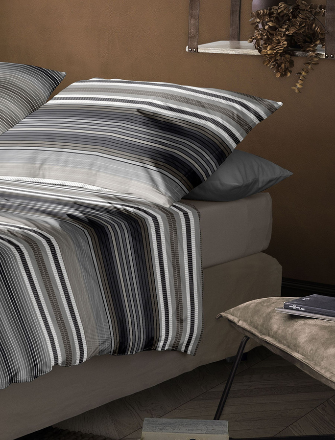 Irisette Wave-J Mako-Satin Bettwäsche Streifen grau beige B/H: 135 x 200 cm mit Kissenbezug 80 x 80 cm - Bild 1