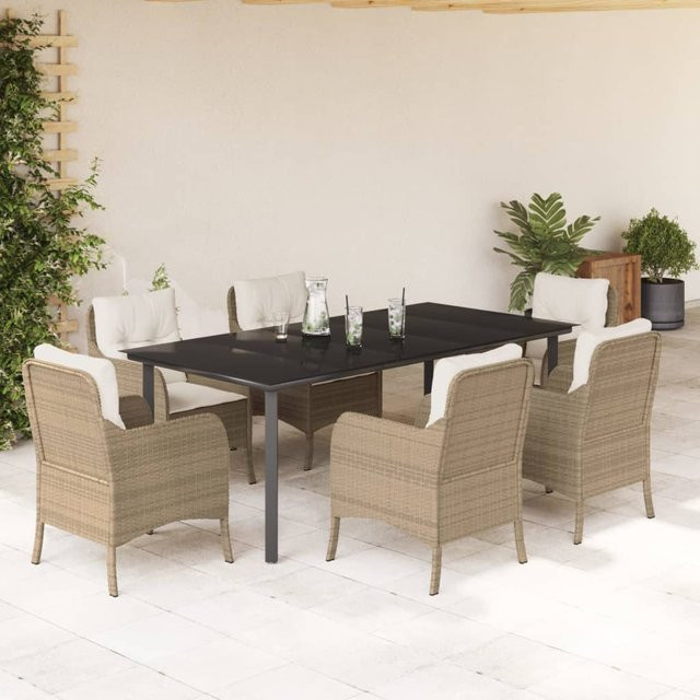 vidaXL 7-teilige Garten-Essgruppe aus Poly Rattan mit Kissen in Beige und Tisch mit Hartglasplatte - Bild 2