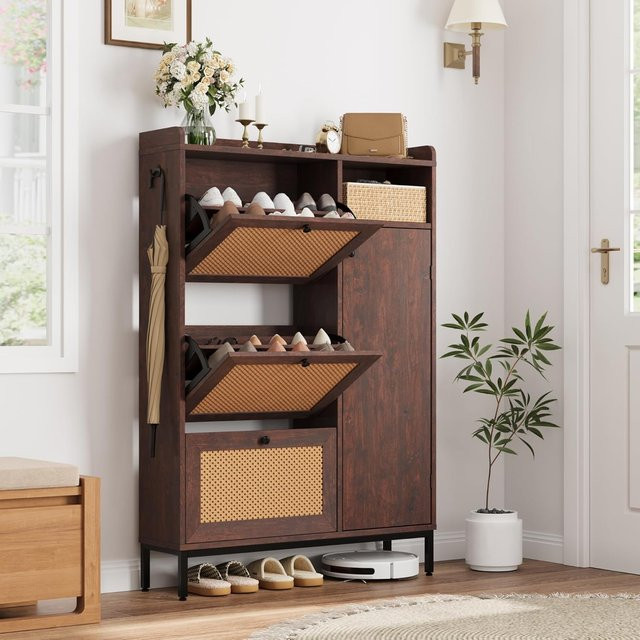HiMISS Schuhschrank mit 3 Klappfächern und Rattantüren in Braun, moderner freistehender Schuhorganizer mit verstellbaren Regalen für den Eingangsbereich - Bild 1
