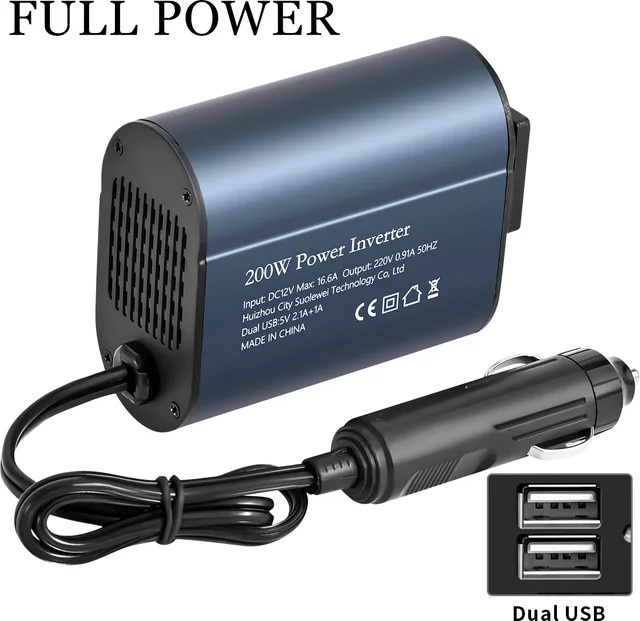 Tragbarer Auto-Wechselrichter Konverter DC 12V zu AC 220V 50Hz mit 200W Leistung und zwei USB-Anschlüssen in Blau - Bild 1