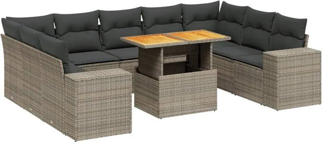 vidaXL 10-tlg. Garten-Sofagarnitur in L-Form aus Polyrattan und Akazienholz mit Kissen in Grau - Bild 1