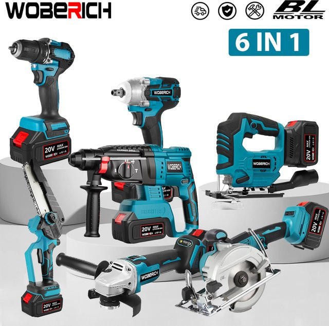 WOBERICH 6 in 1 Akku-Elektrowerkzeug-Set mit bürstenlosem Motor, inklusive 2 Akkus, Farbe Blau - Bild 1