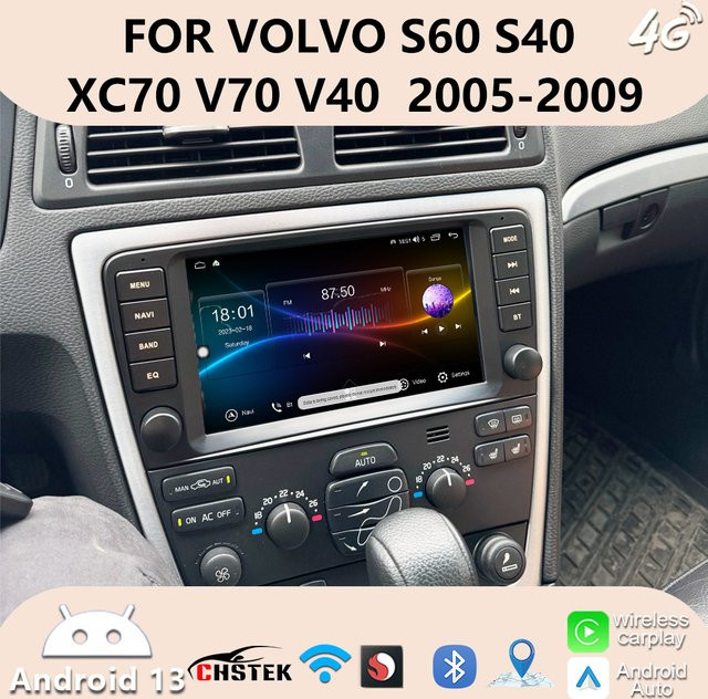 CHSTEK Android 13 Multimedia-Navigationssystem mit kabellosem CarPlay für VOLVO XC70 V70 S60 S40 V40 (2005-2008) in Schwarz mit GPS, WiFi, 4G und Bluetooth - Bild 1