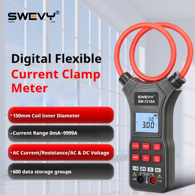 SWEVY SW1018A Digitale flexible Stromzange mit LCD-Hintergrundbeleuchtung als Multimeter für AC/DC-Spannung, Wechselstrom und Widerstandstest (0 mA – 9999 A) - Bild 1
