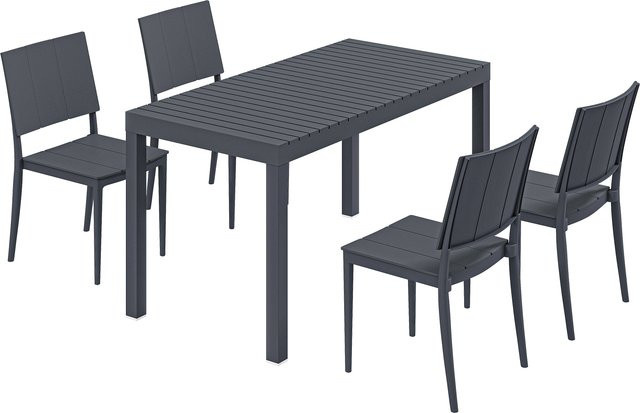 Outsunny Gartenmöbel Set 5-teilig mit Tisch und 4 Stapelstühlen im Lamelldesign, wetterfeste Sitzgruppe für Garten, Balkon und Terrasse, Anthrazit - Bild 1