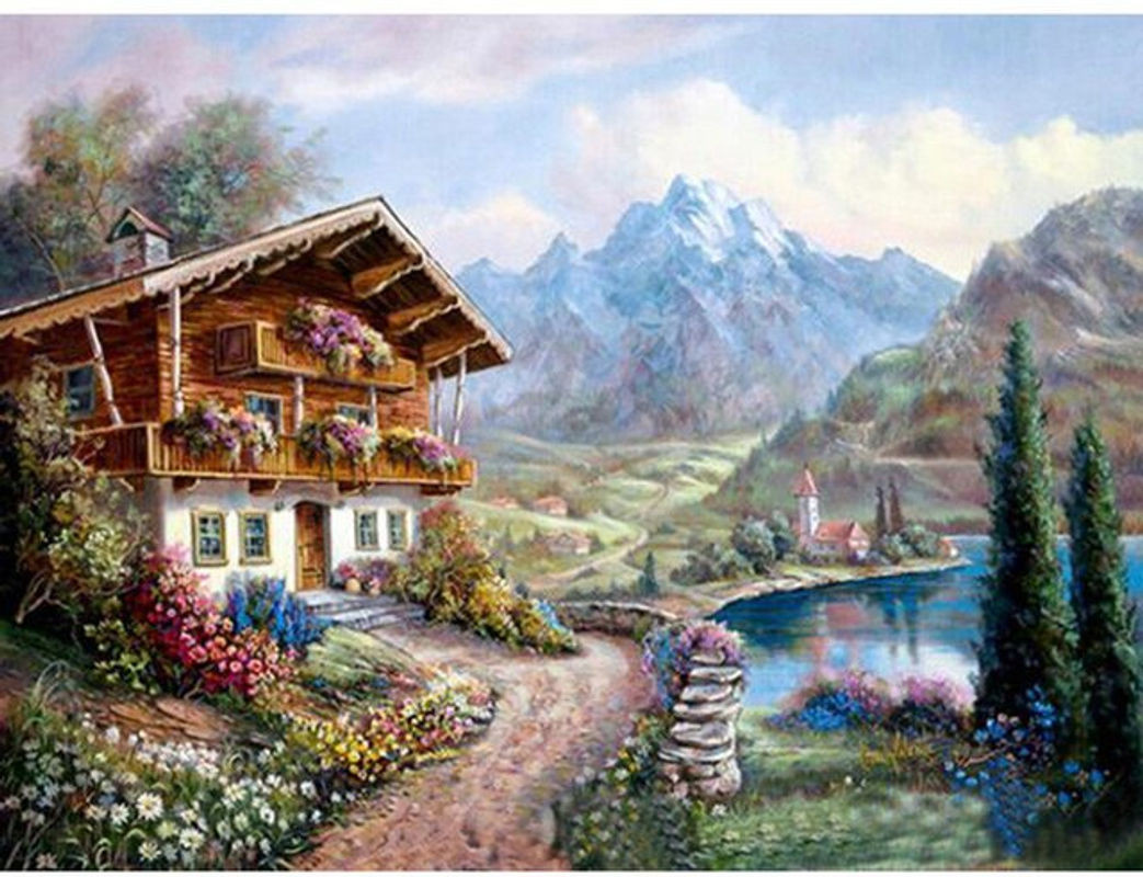 FIYO Diamond Painting Landschaft Lodge als Malset mit Strass Steinen für deine Dekoration, Mehrfarbig, B: 30 cm x H: 20 cm x T: 30 cm - Bild 1