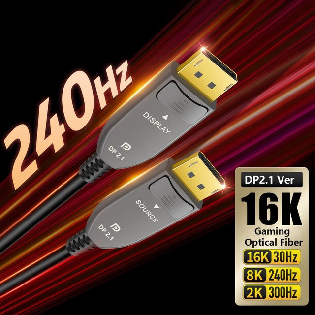 Hochgeschwindigkeits DisplayPort 2.1 Glasfaser-Kabel in Schwarz für Gaming-Monitore mit 16K@30Hz, 8K@240Hz und 52 Gbit/s Unterstützung - Bild 1