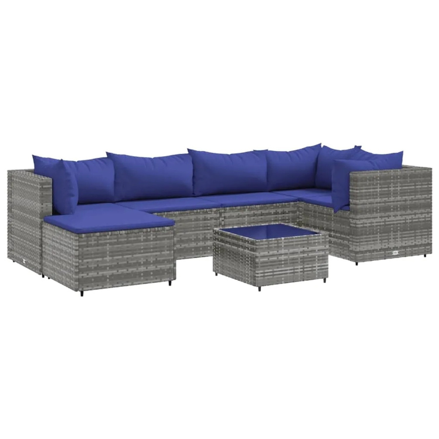 vidaXL 7-tlg Garten-Lounge-Set in L-Form aus grauem Poly Rattan mit Kissen und Couchtisch - Bild 2