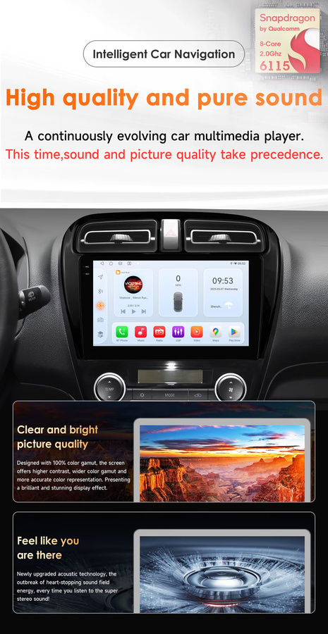 OSSURET Android 14 Autoradio mit 9 Zoll Display, Snapdragon 6115, GPS-Navigation, CarPlay und Android Auto für Dodge Attitude 2015-2023 sowie Mitsubishi Mirage/SpaceStar 2012-2023, Schwarz - Bild 3