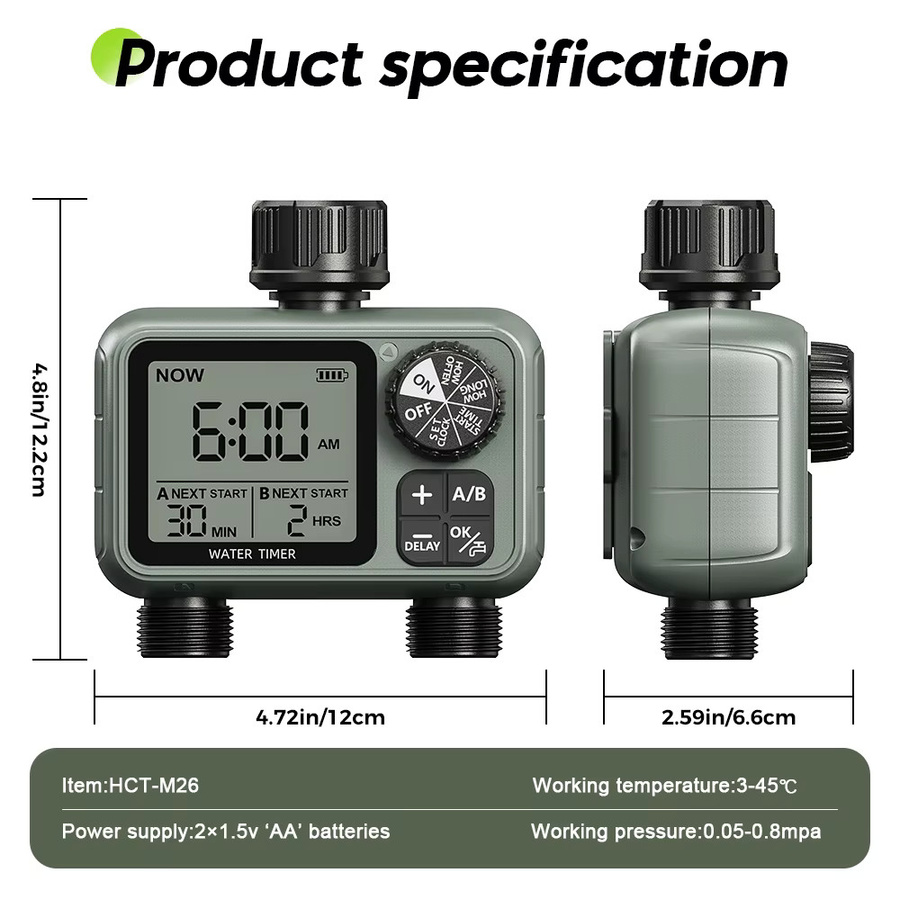 Eshico HCT-M26 2-Zonen-Wassertimer mit großem LCD-Display, Messinganschluss und Drehknopfbedienung, IPX5 wasserdichtes Gartengerät - Bild 3