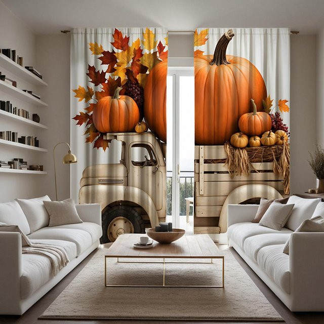 2er-Set Thanksgiving Vorhang mit Kürbis- und LKW-Motiv in Orange und Gelb, B: 132 cm, H: 160 cm - Bild 1