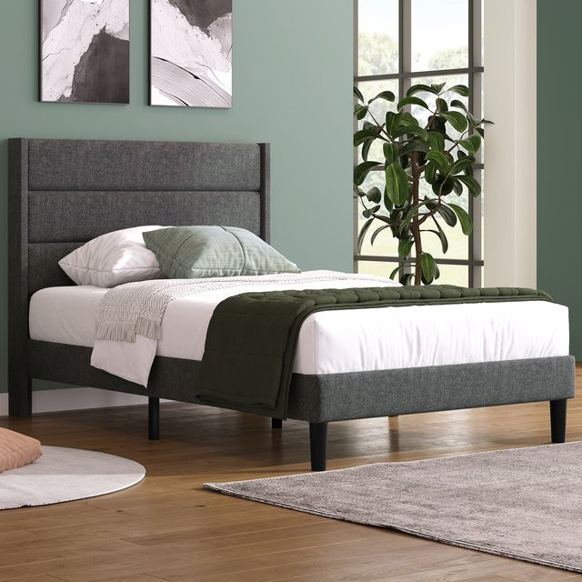 Modernes Einzelbett Aosom in Dunkelgrau mit Leinenoptik Bezug und Unterlager B/T/H: 90 x 200 x 111 cm - Bild 1