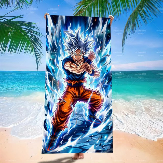 Bandai Dragon Ball Ultra Instinct Goku Strandtuch in Blue Ice Flame, schnelltrocknendes Mikrofaser Badetuch für Erwachsene - Bild 1