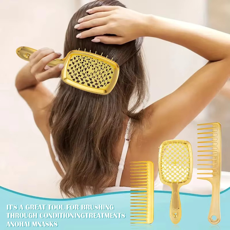 Haarbürsten-Set, Entwirrungspinsel mit Kopfhautmassage, Gold, Unisex - Bild 2