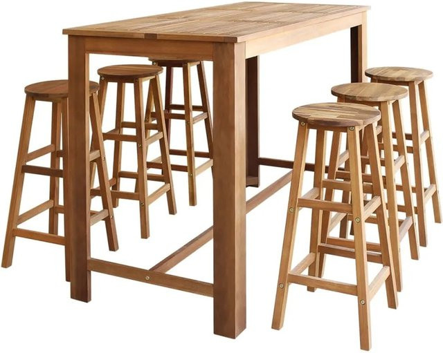vidaXL Bartisch und Hocker-Set 7-teilig aus Akazienholz Massiv in Braun, rustikaler Bistrotisch mit 6 Hockern für Bars, Cafés und Wohnungen, B/T/H: 105 x 70 x 70 cm - Bild 1