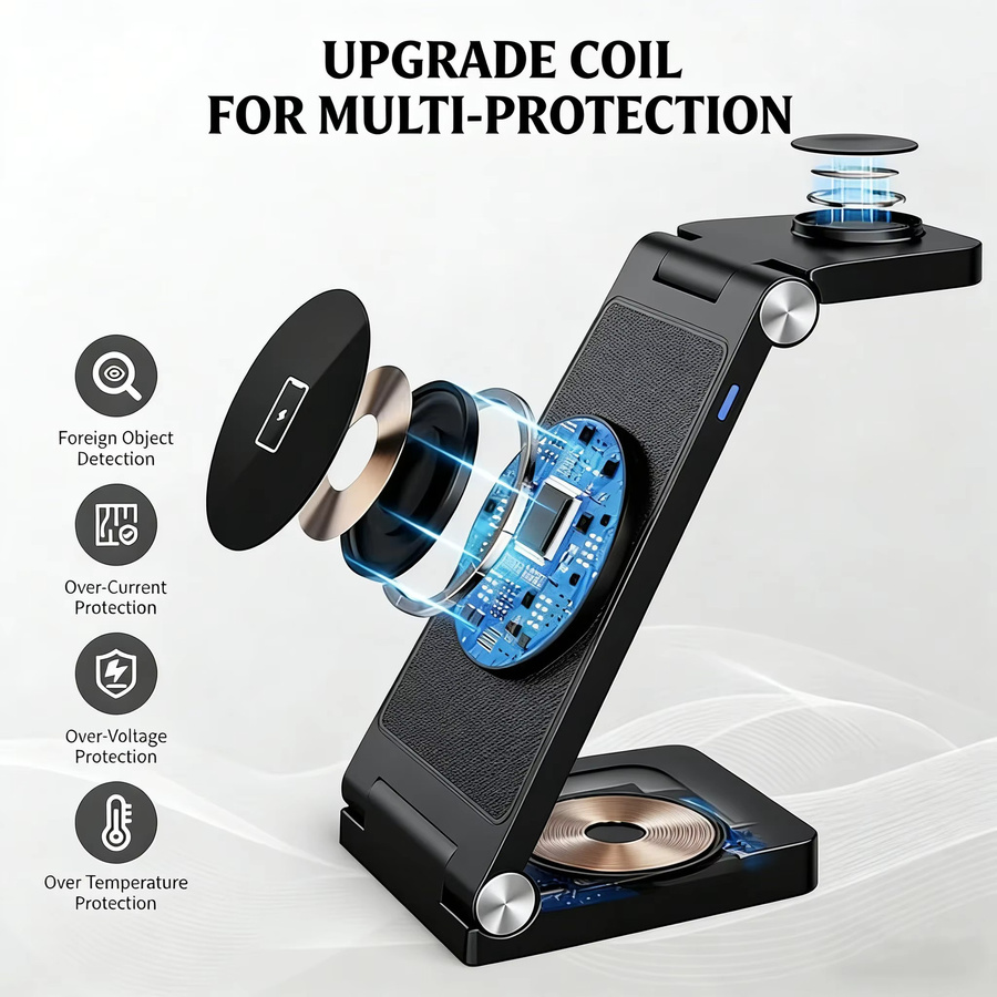 TIMESS 3-in-1 15W Kabelloses Ladegerät in Schwarz für iPhone, Apple Watch und AirPods Pro - Bild 2