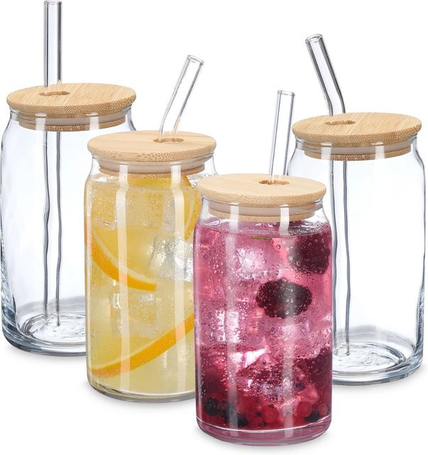Relaxdays Smoothie-Glas Set aus Glas in Transparent mit Bambusdeckel und Strohhalmen, 4er Set - Bild 1