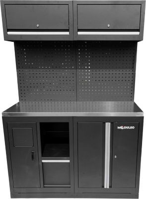 KS-Tools Werkstatt-Schranksystem-Erweiterungsmodul mit Edelstahlarbeitsplatte, Abfallsystem und Papierrollenhalter in Schwarz - Bild 1