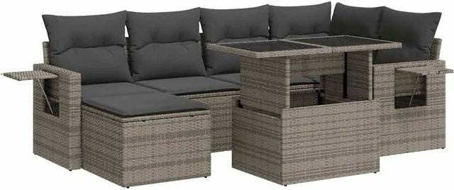 vidaXL 7-teilige Garten-Sofagarnitur in L-Form aus grauem Poly-Rattan mit Kissen und pulverbeschichtetem Stahlgestell - Bild 1