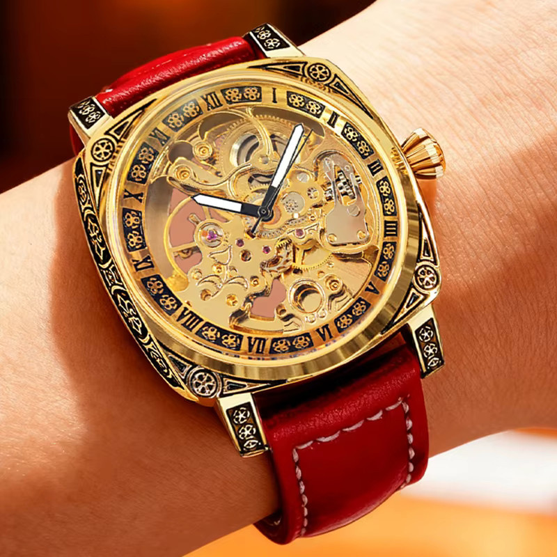 CAROTIF Armbanduhr Automatik, Messing, Gold, Rot, Leder, Herren - Bild 6