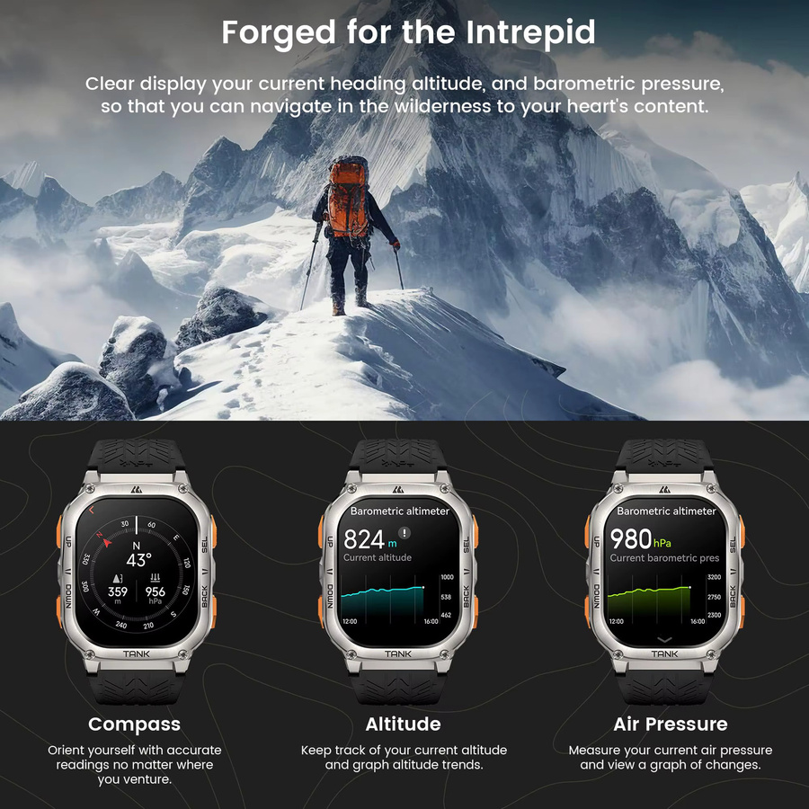 KOSPET TANK M3 Ultra GPS Smartwatch für Männer in Schwarz mit Kompass, Höhenmesser und Barometer, IP69K und 5ATM wasserdicht - Bild 5
