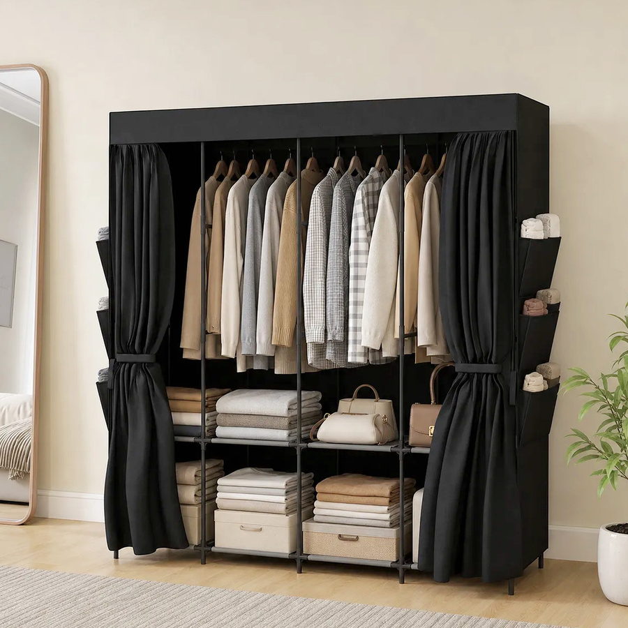 HOMCOM Stoff-Kleiderschrank für das Schlafzimmer in Schwarz mit 5 Kleiderstangen, 4 Ablagen und 6 Seitentaschen, B/T/H: 170 x 45 x 167 cm - Bild 2