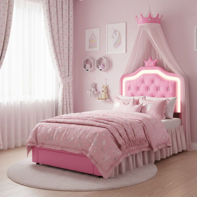 MGMYM Kinderbettgestell mit Aufbewahrungsschubladen und LED-Licht in Weiß, B/T/H: 90 x 200 cm, mit höhenverstellbarem Kopfteilkrone und PU-Bezug - Bild 1