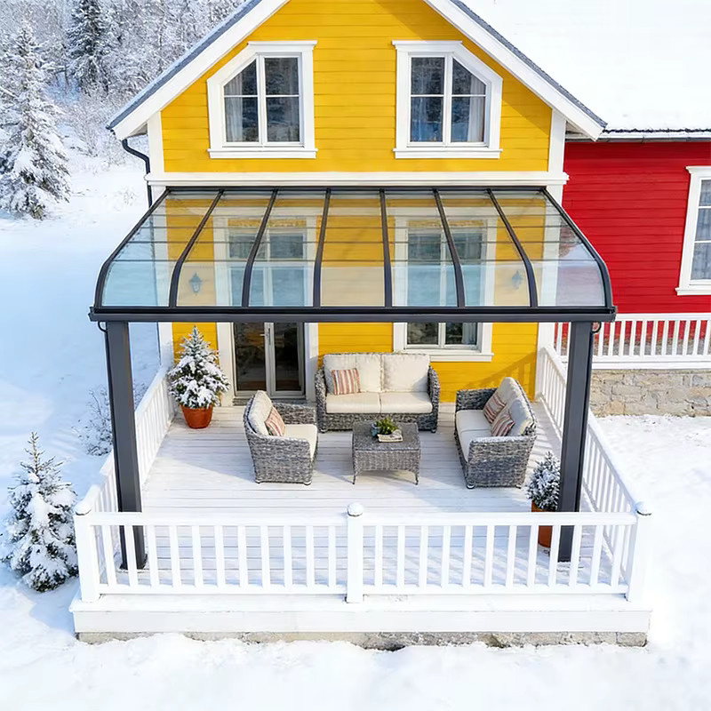 Wasserdichte und lichtdurchlässige Markisenüberdachung für Terrasse und Garten in Dunkel Khaki, modernes Lean-to Design mit gebogener Form - Bild 2