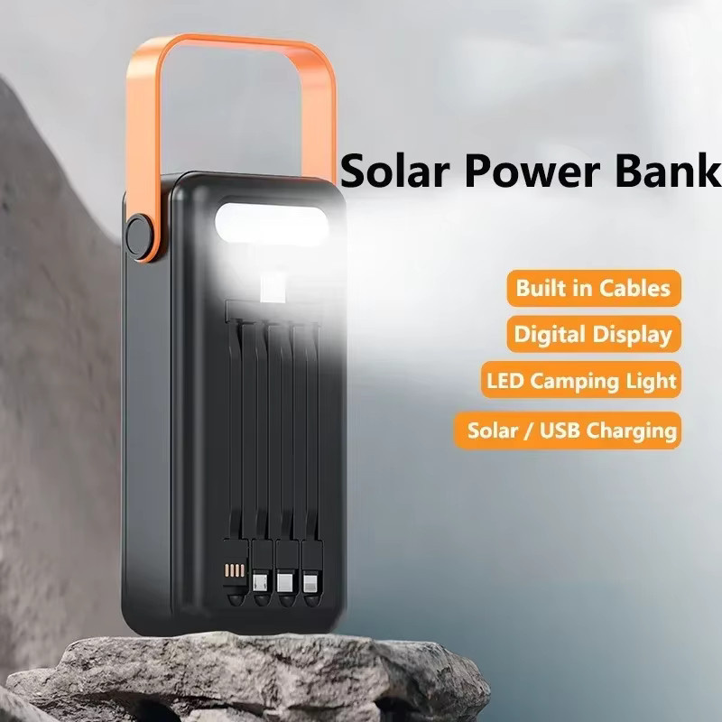 ROMOSS Solar-Powerbank mit 30000mAh Kapazität, schnelles Aufladen, integrierte 4 Kabel und LED-Licht, Farbe: Schwarz - Bild 4