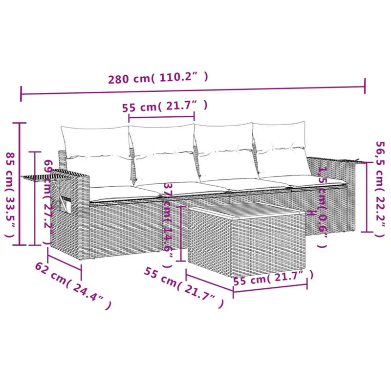 vidaXL 5-tlg. Garten-Sofagarnitur aus Polyrattan in Schwarz mit Kissen und Tisch - Bild 2