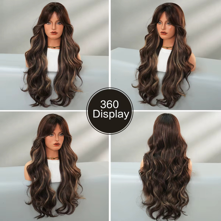 7JHH WIGS Perücke für Damen, lange gewellte dunkelbraune Synthetik-Perücke mit Mittelscheitel und Vorhangfransen - Bild 4
