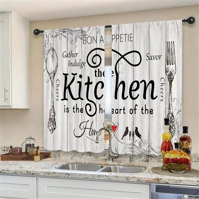 Yiran Furniture Vorhangset mit Gabel Löffel Messer Motiv in Weiß, 2er-Pack, B: 50 cm, H: 130 cm, inklusive Haken - Bild 1