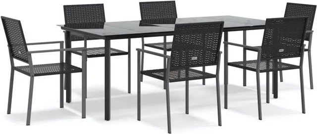 vidaXL 7-teilige Garten-Essgruppe aus Poly Rattan und Stahl in Schwarz mit gehärtetem Glas, B/T/H: 200 x 100 x 75 cm (Tisch) und 62,5 x 50 x 45 cm (Stuhl) - Bild 1