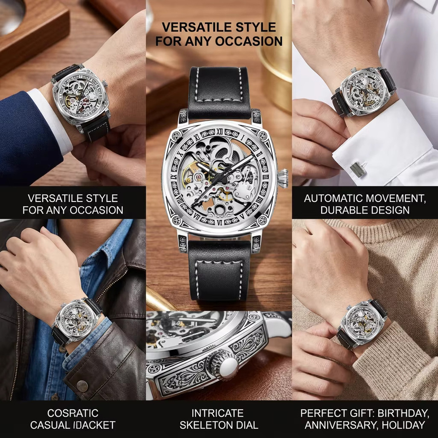 CAROTIF Armbanduhr, Mechanisch, Silber, Leder, Herren - Bild 6