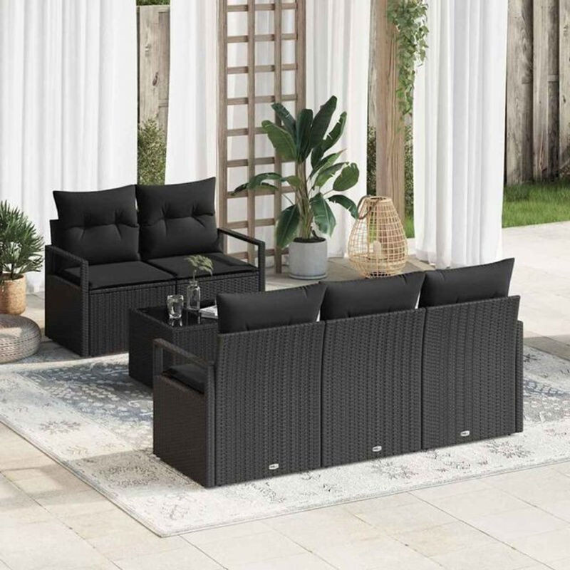 Vidaxl Garten-Sofa-Set aus Polyrattan mit 6 Teilen und Kissen, Schwarz, B/T/H: 55 x 55 x 37 cm - Bild 1
