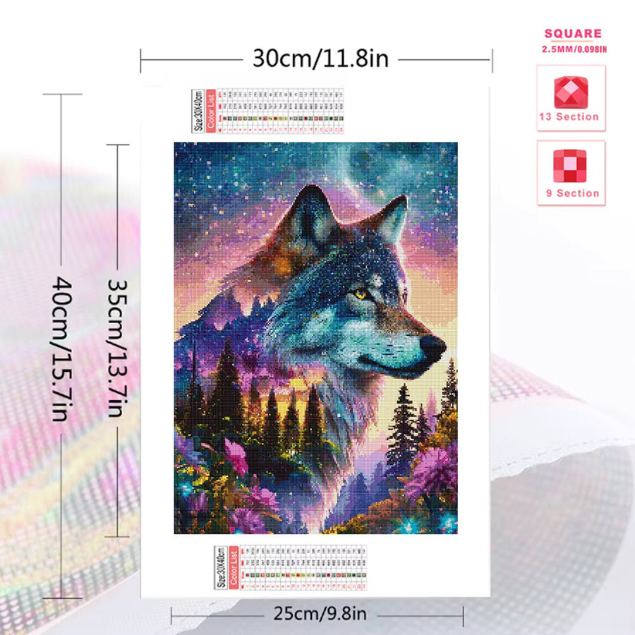 Huacan Diamant-Stickerei Set Wolf im Sternenhimmel als Mosaik-Kunst für deine Wanddekoration, Mehrfarbig, Durchmesser: 30,0 cm - Bild 2