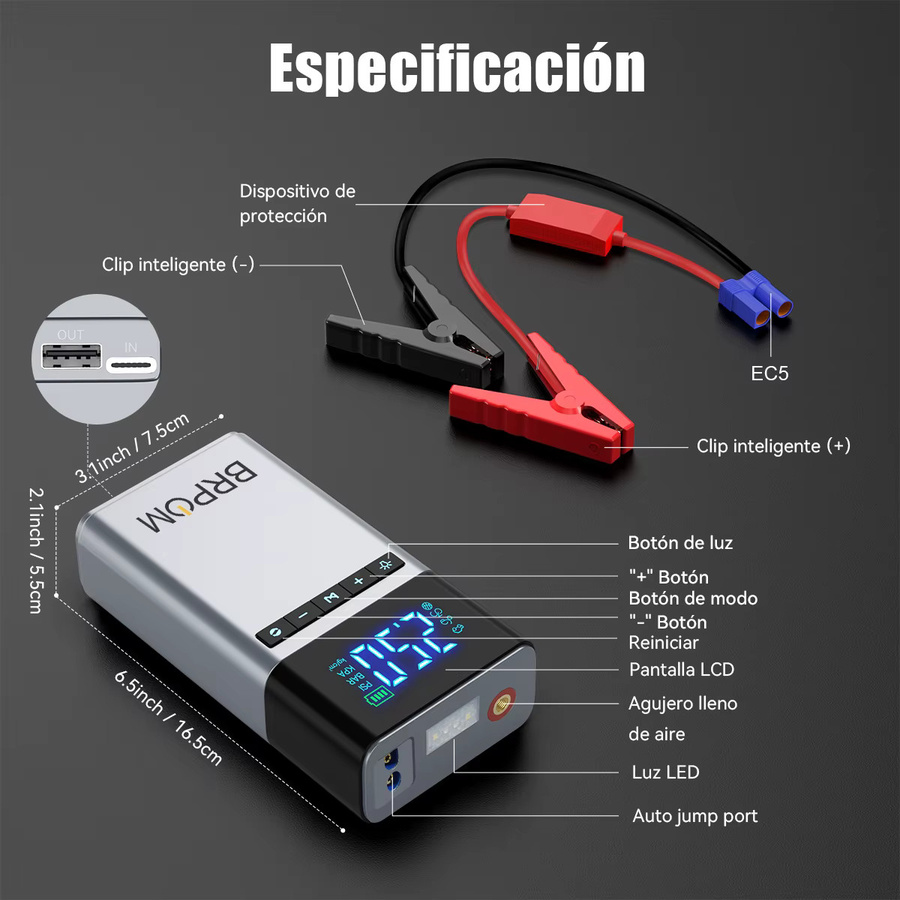 BRPOM Tragbarer Auto-Starter mit 26800mAh Akku, 6000A Starthilfe und 180 PSI Luftkompressor für 12V Autobatterien - Bild 6