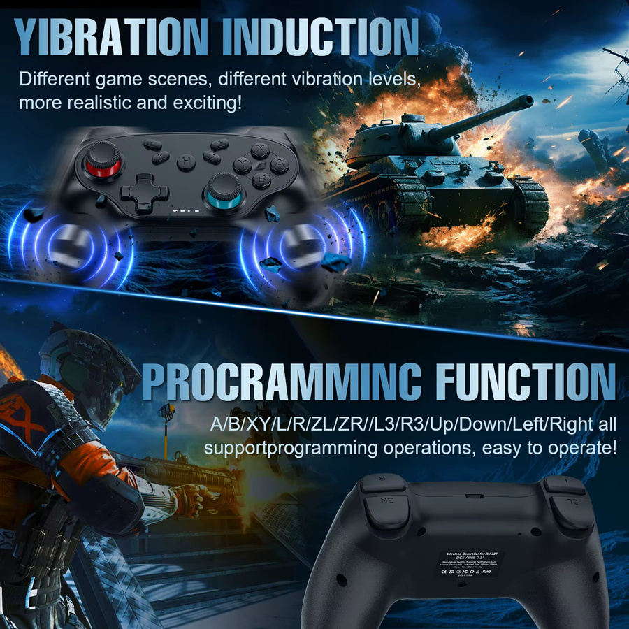 Turpow Bluetooth Gamepad für Nintendo Switch, Pro und OLED sowie PC, kabelloser Controller mit Vibrationsfunktion und Turbo-Modus in Schwarz - Bild 3