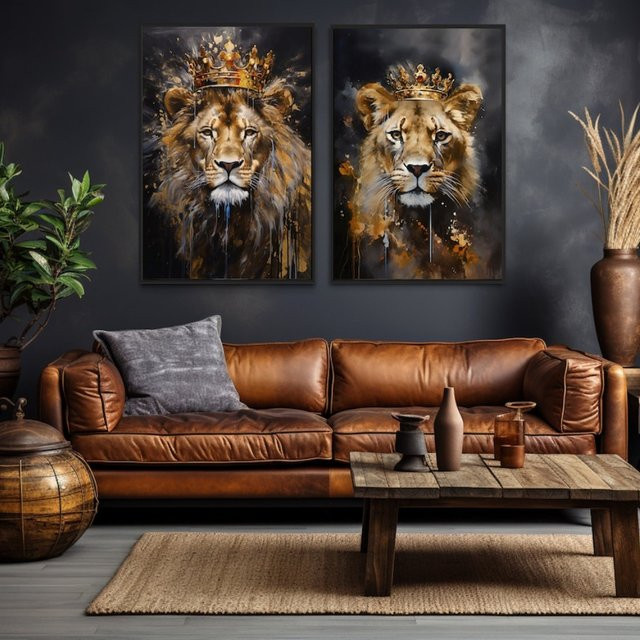 Caiartlove Leinwandgemälde König der Löwen und Löwin in Schwarz und Gold als romantisches Wandkunst-Poster - Bild 1