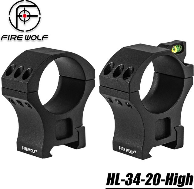 FIRE WOLF 2 Stück Zielfernrohrringe 34mm mit integrierter Wasserwaage, Hochprofil 20mm Schwalbenschwanzschienenmontage, Schwarz - Bild 1