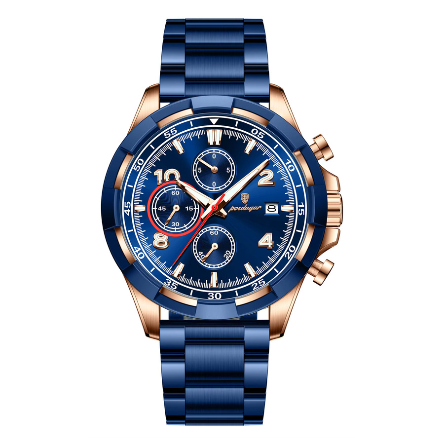 POEDAGAR Armbanduhr Chronograph, Quarz, Edelstahl, Blau, Herren - Bild 6