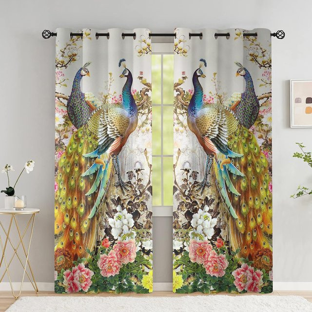 Luxus Fenstervorhänge mit Pfau- und Blumenmuster in Blau und Multicolour, 2 Paneele, halbtransparent, Breite: 100 cm, Höhe: 130 cm - Bild 1