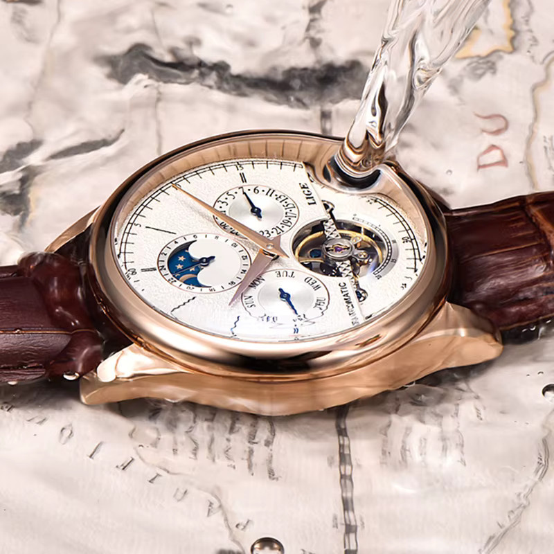 Lige Armbanduhr Automatik, Leder, Herren, Weiß, Roségold - Bild 3