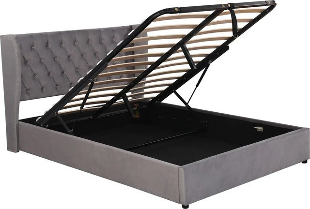 KOMHTOM Doppelbett im Chesterfield-Stil mit Stauraum und Lattenrost, Grau, B/T/H: 140 x 200 x 45 cm - Bild 1