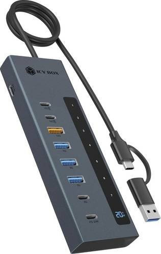 Icy Box USB-Hub IB-HUB1743-CPD mit 7+1 Ports: USB-C (USB 3.2 Gen 2), USB-C (USB 3.2 Gen 1), USB-C PD und USB-A (USB 3.2 Gen 2) in Anthrazit und Grau - Bild 1