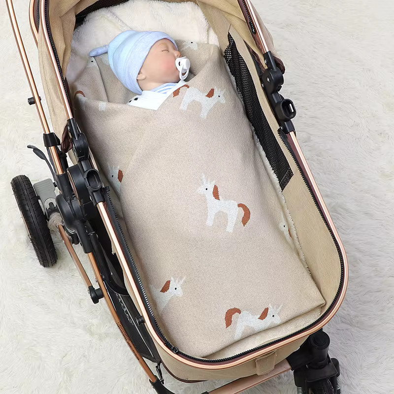 Mimixiong Baby Decke aus Baumwolle mit Einhorn-Motiv, gestrickt, Beige, B/H: 100 x 80 cm - Bild 2