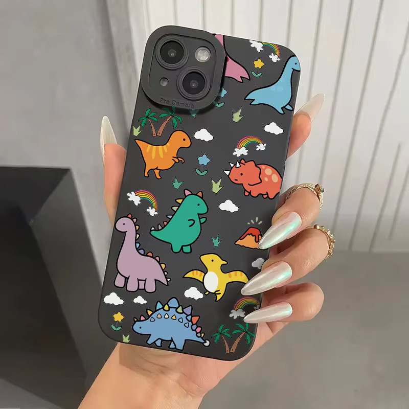 Bunte Handyhülle mit Cartoon-Dinosaurier und Blumen für iPhone 11 bis iPhone 17 Pro Max, weiche Abdeckung, Mehrfarbig - Bild 2