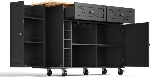 okwish Kücheninsel in Schwarz mit klappbarer Arbeitsplatte, Weinregal und Rollen, B: 120 cm, T: 45-70 cm, H: 89 cm - Bild 1