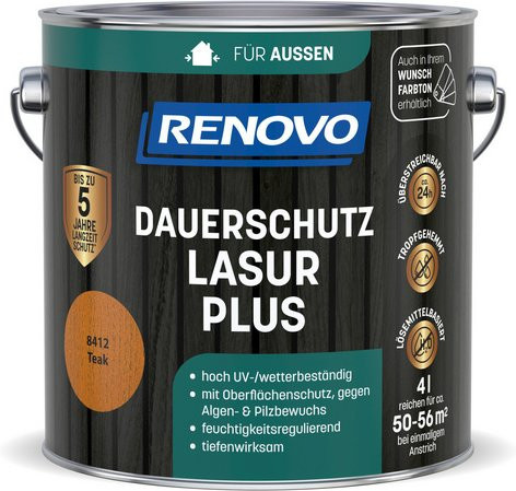 RENOVO Dauerschutzlasur PLUS wetterfeste Holzlasur in Teak 8412 Braun, 4,0 l - Bild 1