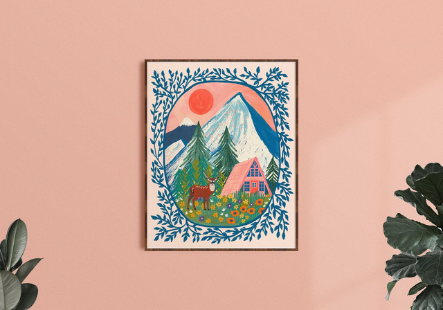 Natur Wandkunst Cabi Bergkunstdruck mit Wildnis-Illustration und Tieren in Mehrfarben als Papierposter für dein Kinderzimmer oder Wohnzimmer - Bild 1